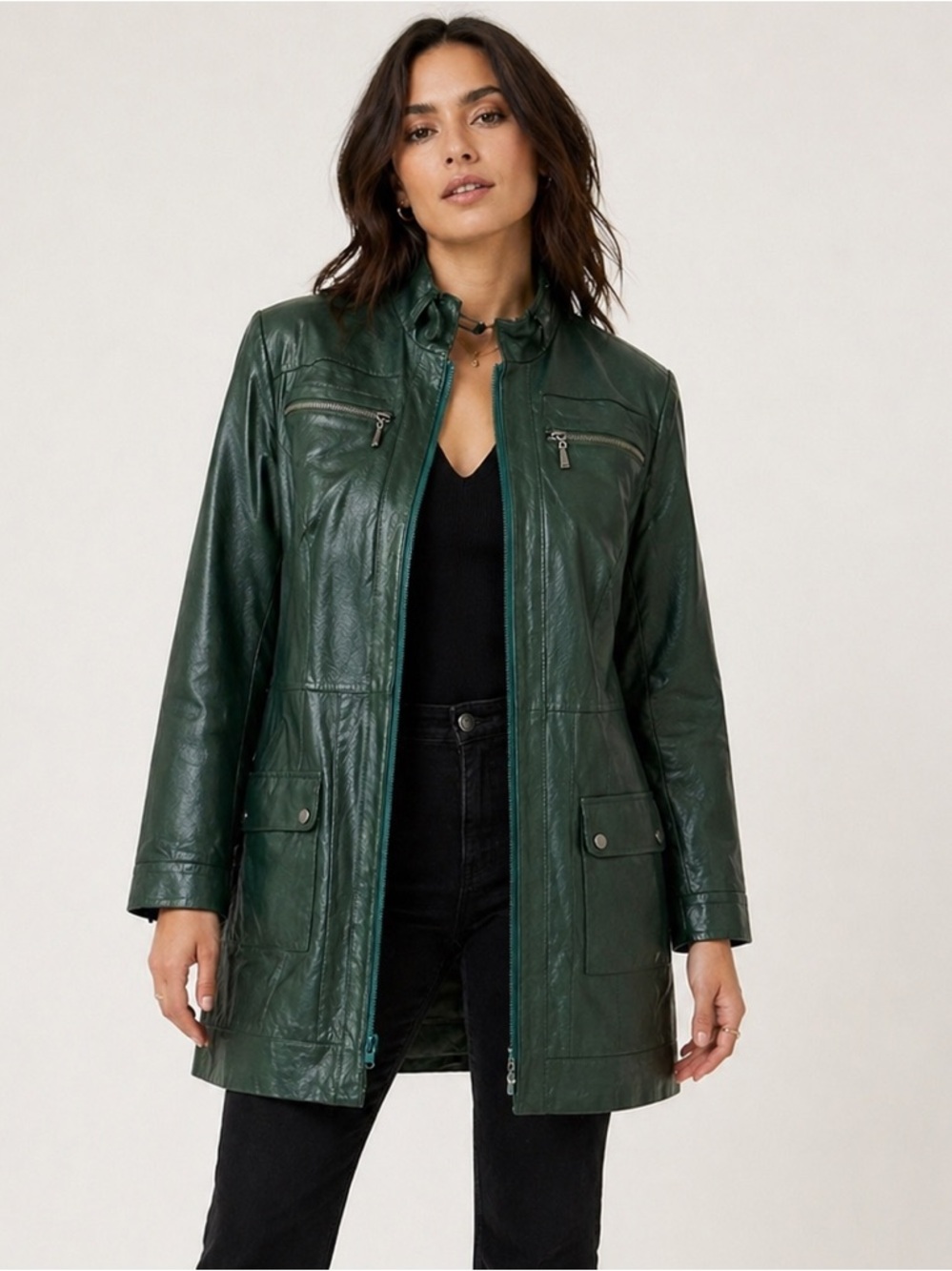 Y2K Jessica London Green Leather Jacket Coat Size 14 Genuine Leather Zip Front